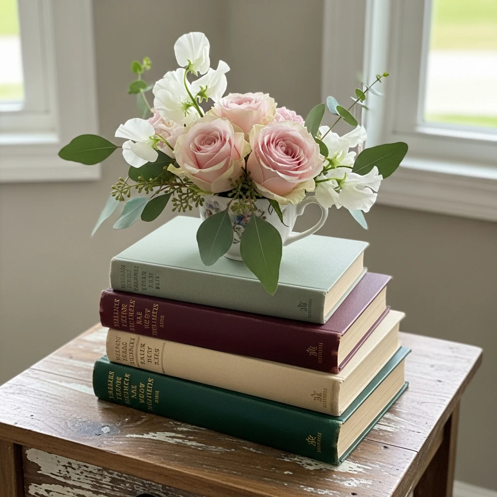 Books and Floral Stack - 50 Cozy & Simple Valentine's Centerpiece Ideas for a Beautiful Table