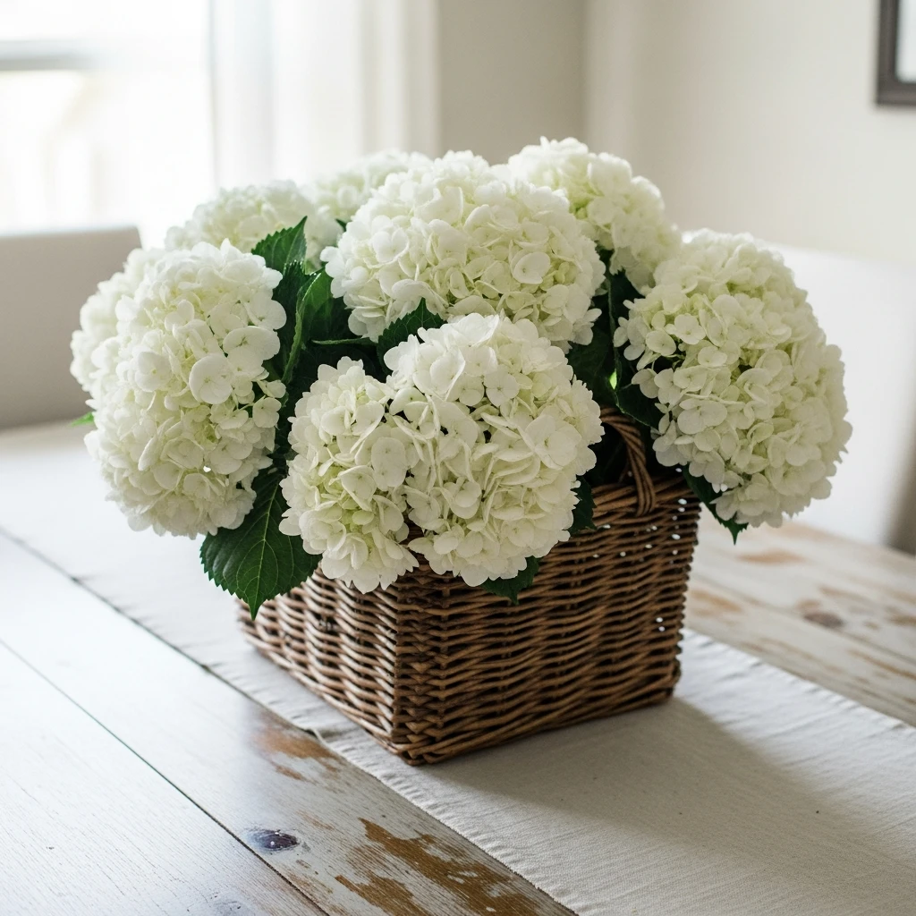 Hydrangeas in a Basket - 50 Cozy & Simple Valentine's Centerpiece Ideas for a Beautiful Table