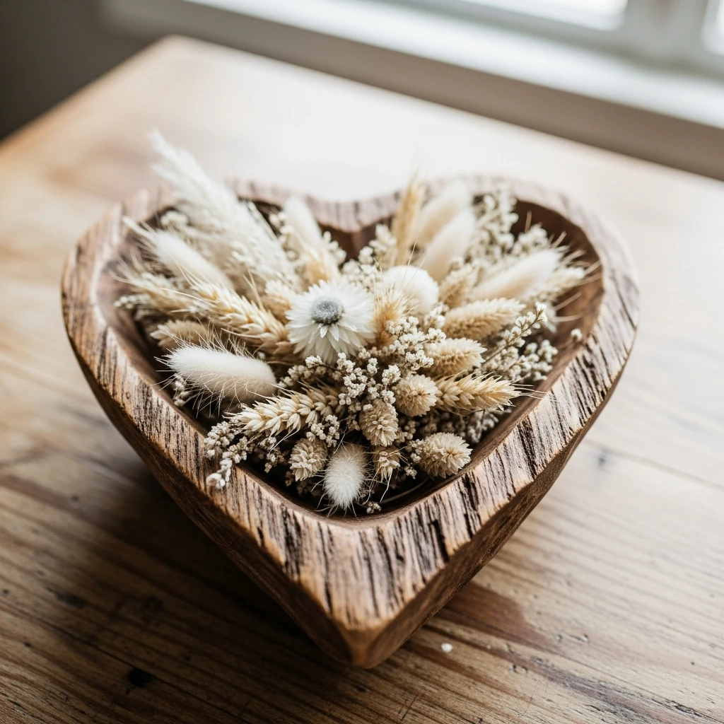 Wooden Heart Bowl Display - 50 Cozy & Simple Valentine's Centerpiece Ideas for a Beautiful Table