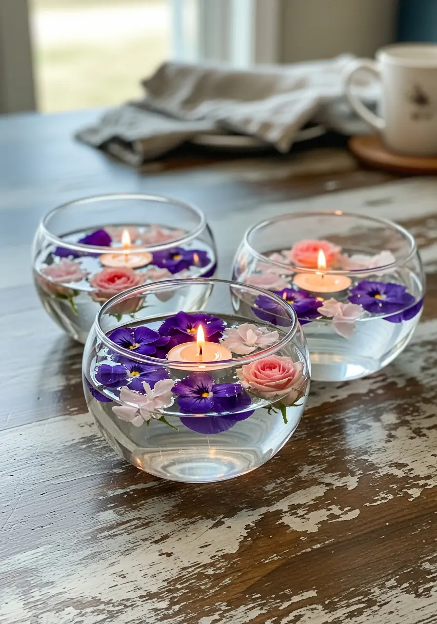 Floating Blooms And Candles - 50 Simple Spring Centerpiece Ideas You Need To Pin Now
