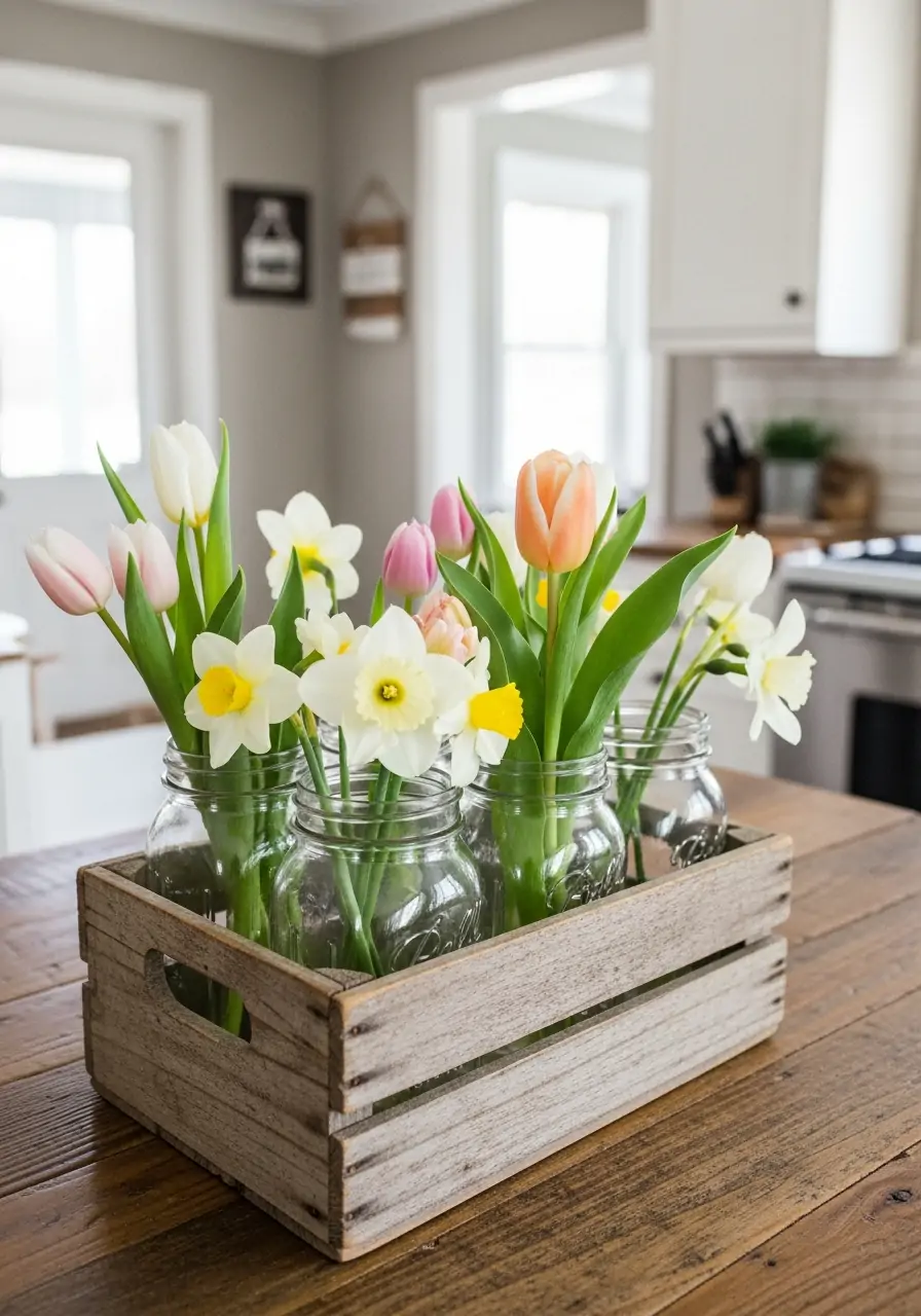 Wooden Crate Flower Jars - 50 Simple Spring Centerpiece Ideas You Need To Pin Now