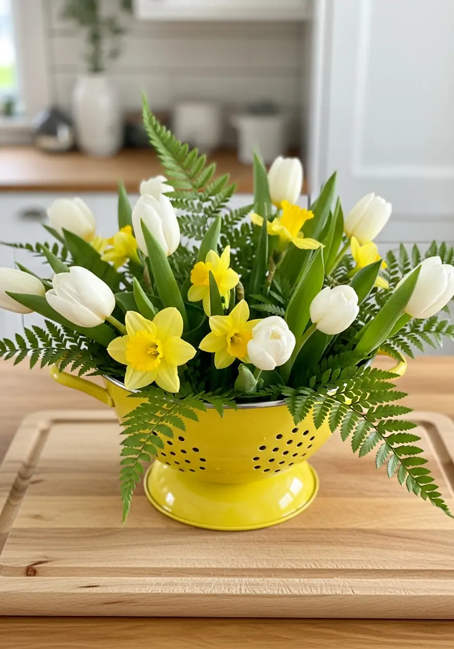Colander Flower Display - 50 Simple Spring Centerpiece Ideas You Need To Pin Now