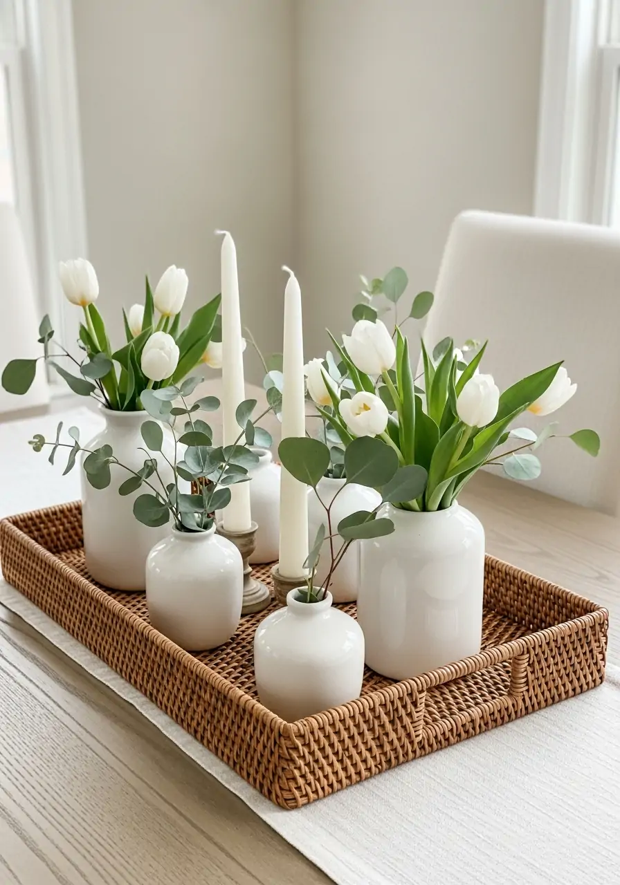Wicker Tray Grouping - 50 Simple Spring Centerpiece Ideas You Need To Pin Now