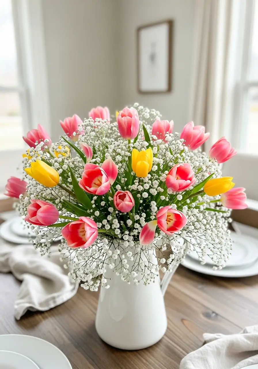 Tulips And Baby’s Breath - 50 Simple Spring Centerpiece Ideas You Need To Pin Now