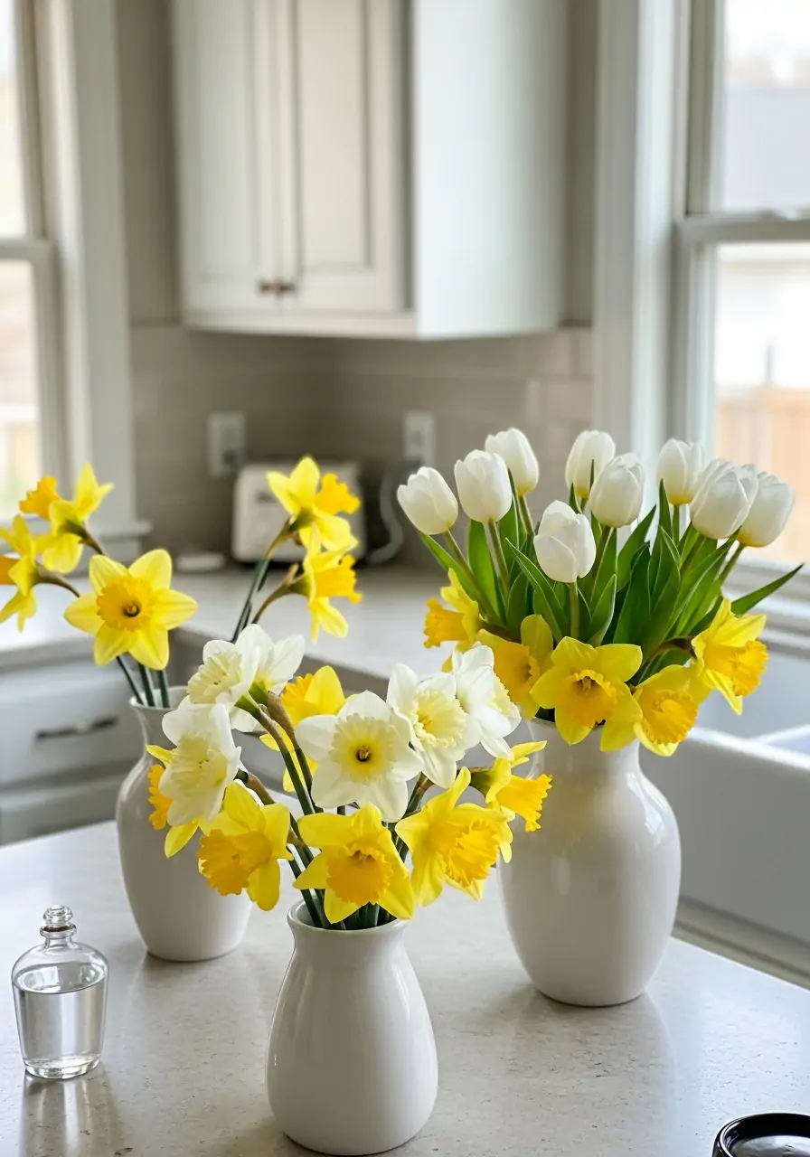 Fresh Flower Counter Bouquets - 50 Spring Kitchen Decor Ideas