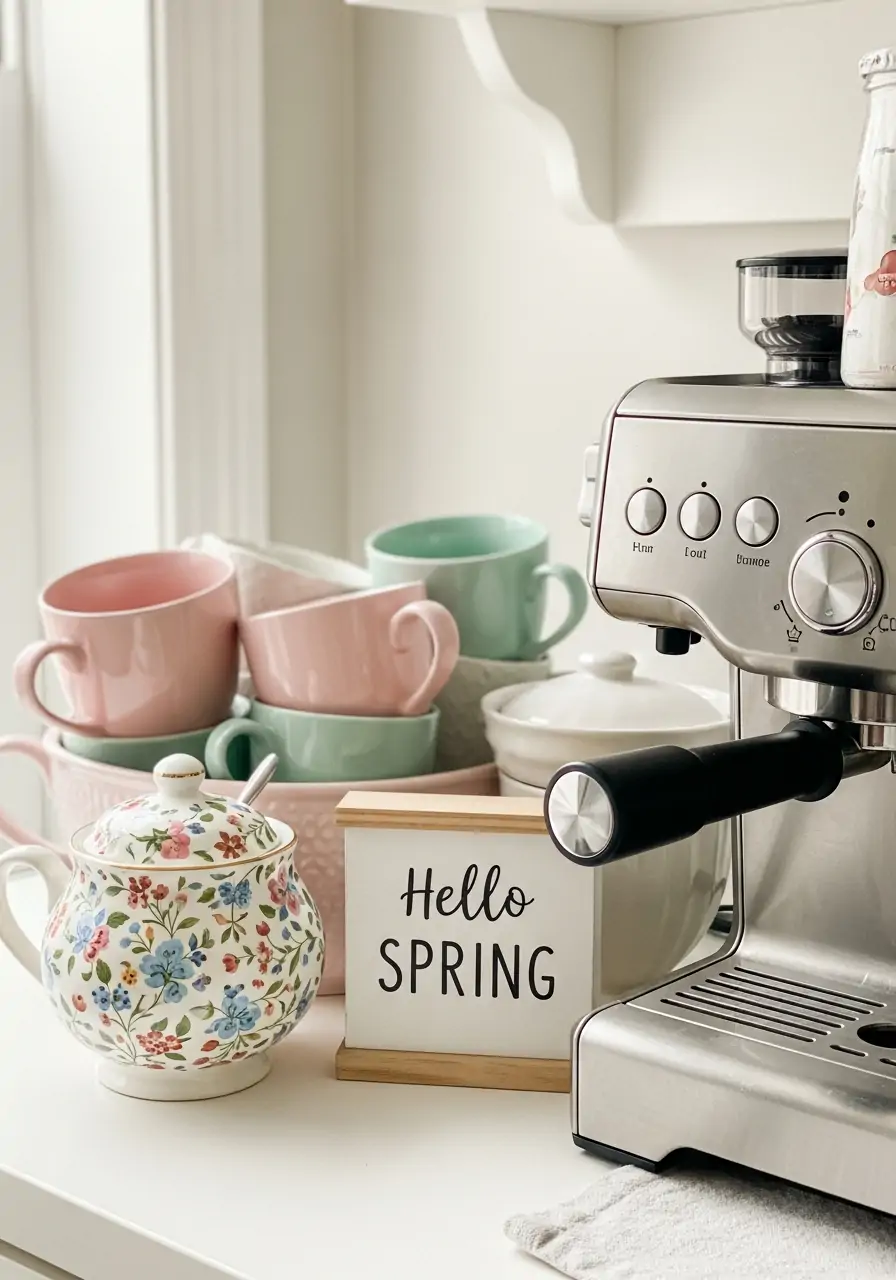 Spring Coffee Station - 50 Spring Kitchen Decor Ideas