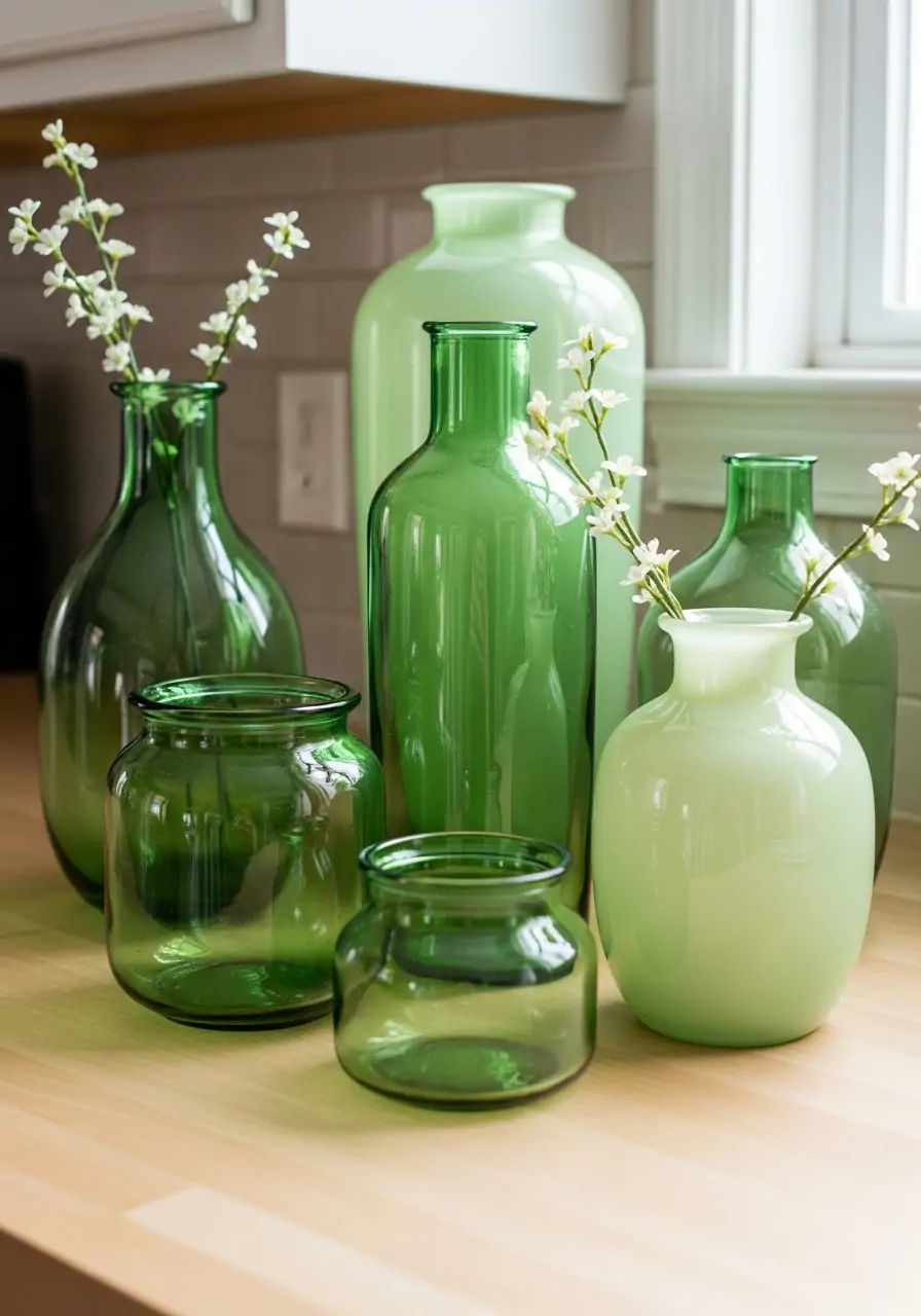 Green Glass Vases - 50 Spring Kitchen Decor Ideas