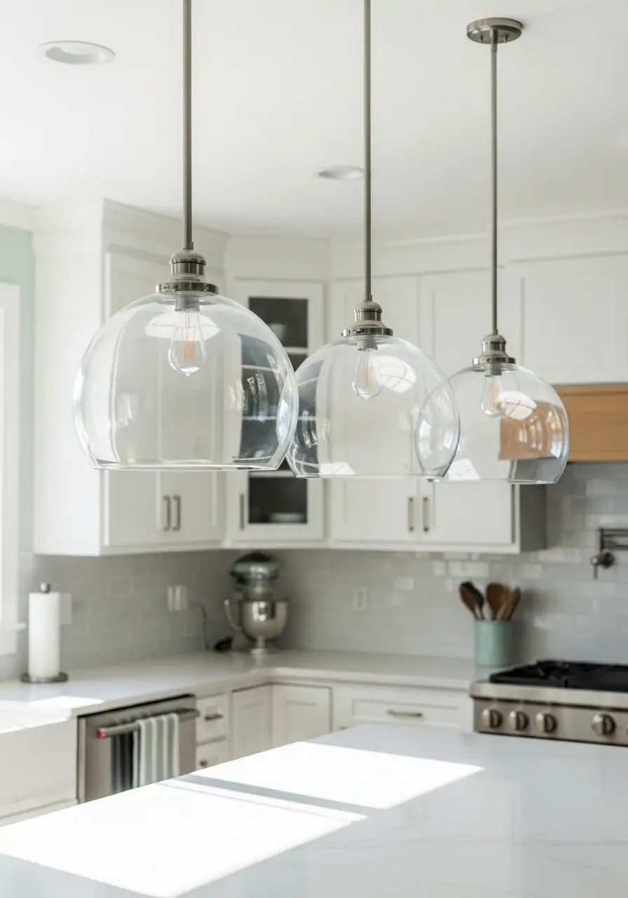 Clear Pendant Lights - 50 Spring Kitchen Decor Ideas