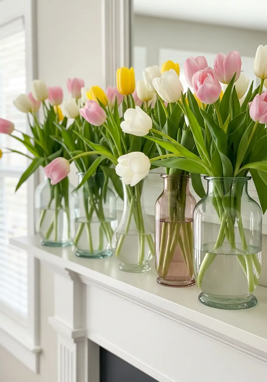 Fresh Tulips In Glass - spring mantel decorating ideas