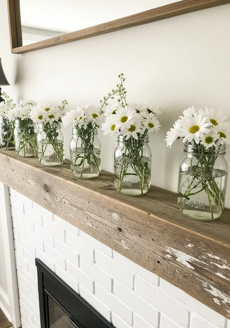 Farmhouse Daisy Jars - spring mantel decorating ideas