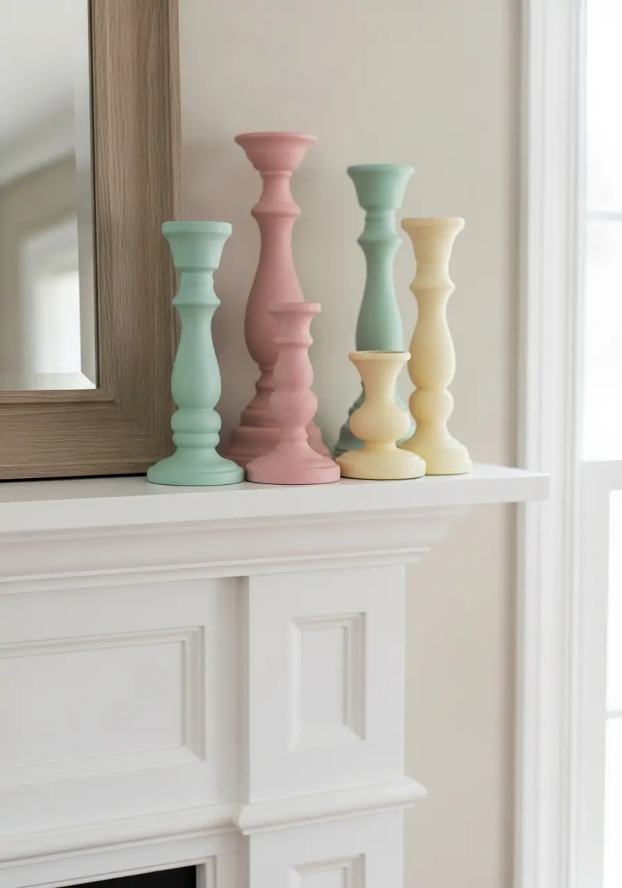 Soft Pastel Holders - spring mantel decorating ideas