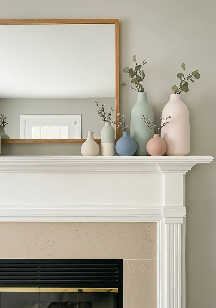 Muted Ceramic Vases - spring mantel decorating ideas