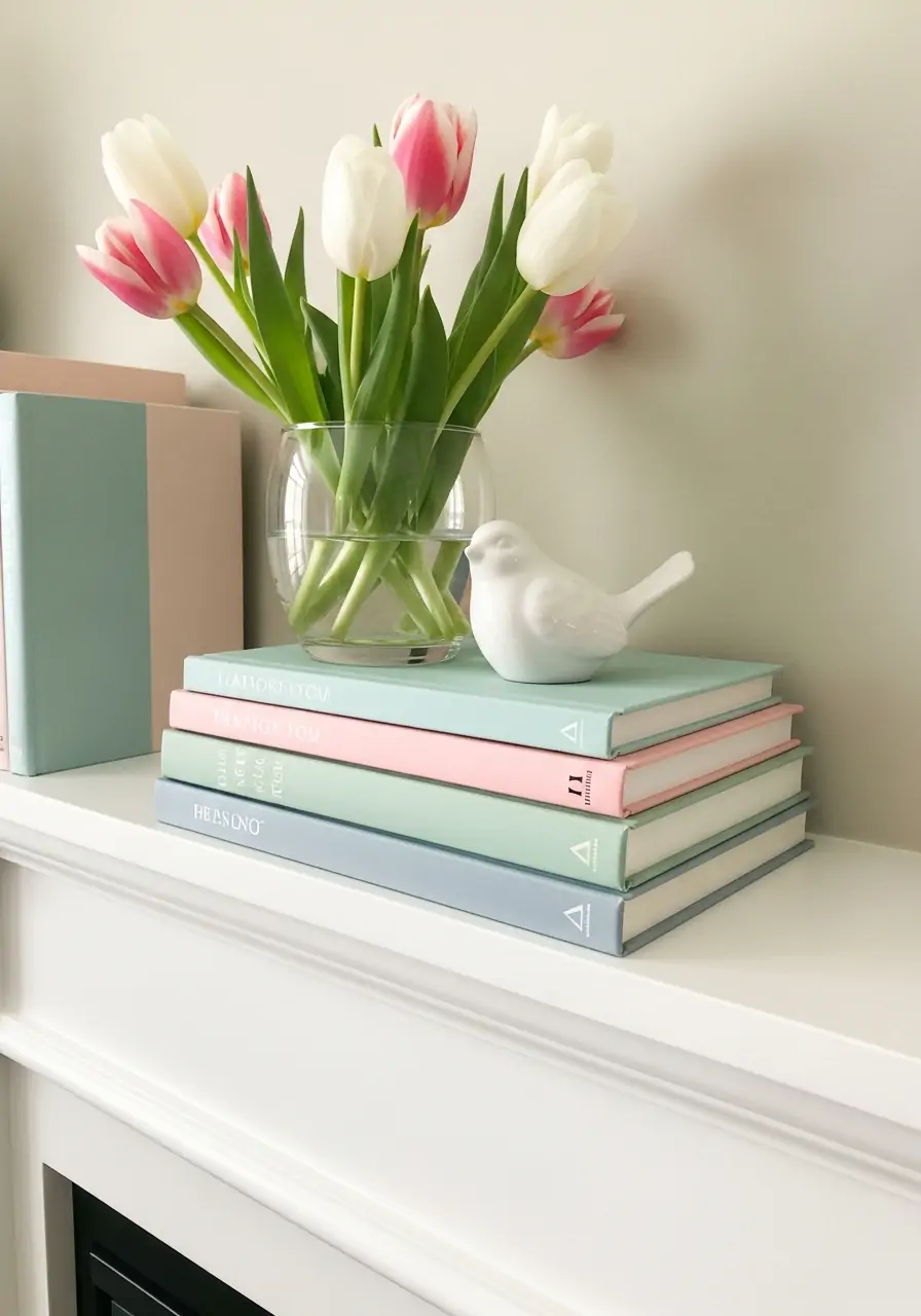Stacked Pastel Books - spring mantel decorating ideas