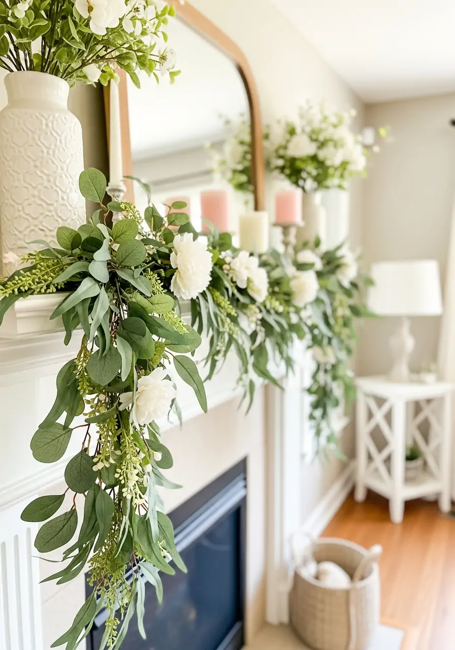 Draped Flower Garland - spring mantel decorating ideas
