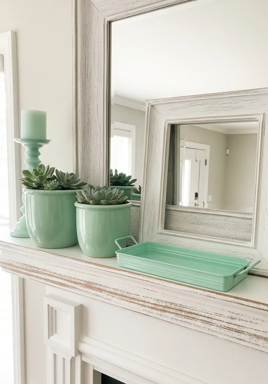 Mint Green Touches - spring mantel decorating ideas