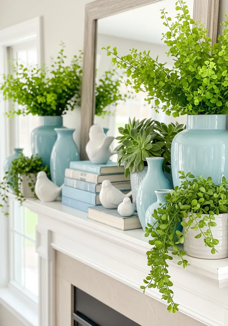 Light Blue Decor - spring mantel decorating ideas