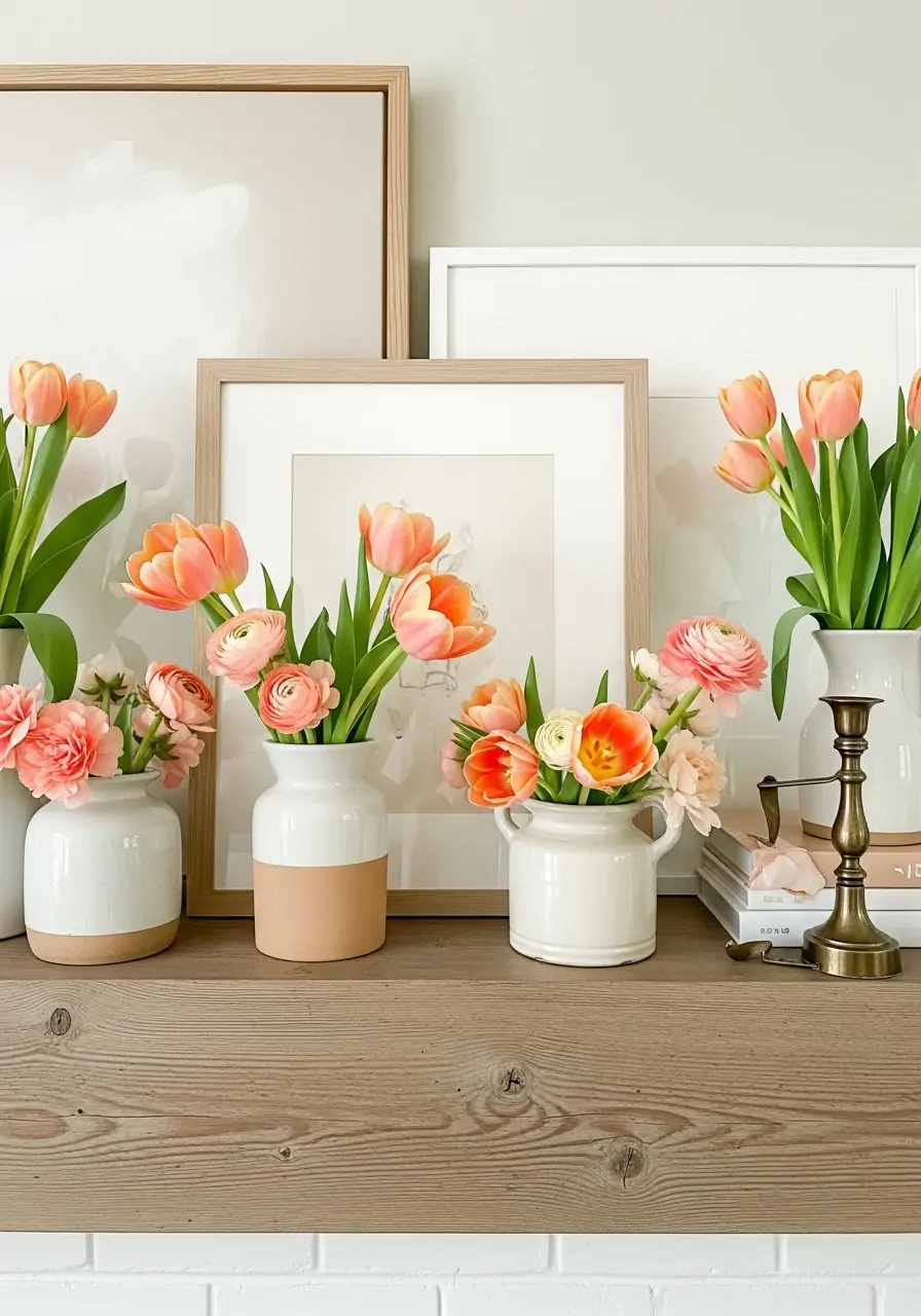 Warm Peach Accents - spring mantel decorating ideas