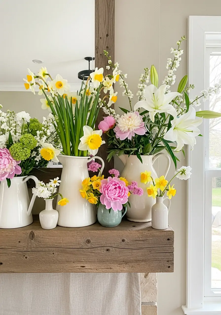 Mixed Spring Blooms - spring mantel decorating ideas