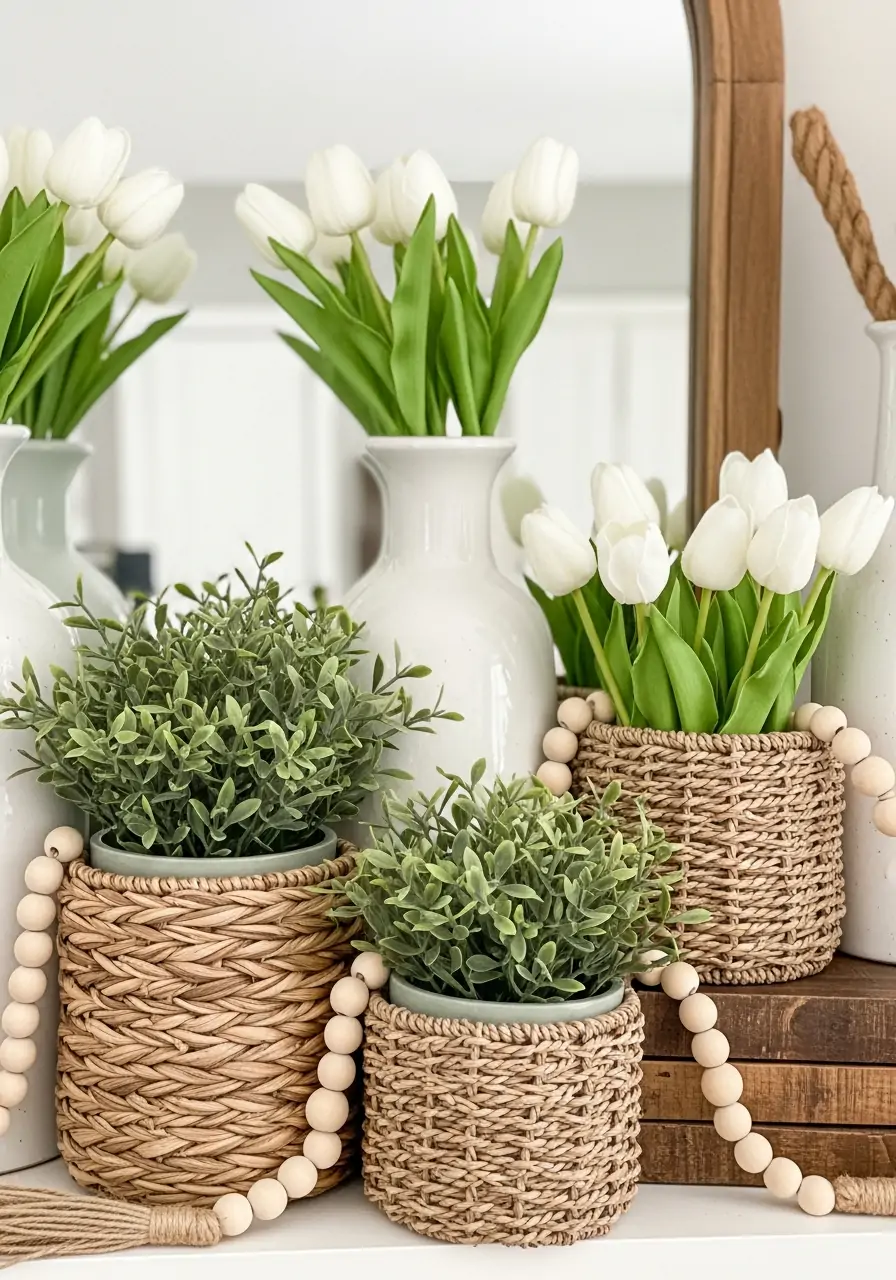 Small Wicker Baskets - spring mantel decorating ideas