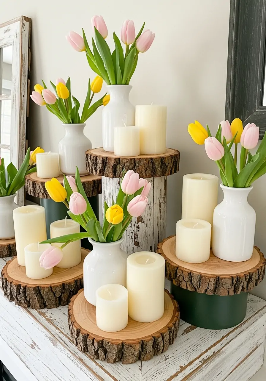 Rustic Wood Slice Bases - spring mantel decorating ideas