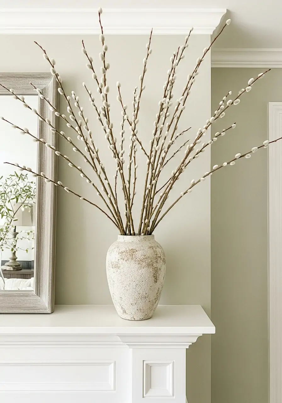Tall Pussy Willow Branches - spring mantel decorating ideas