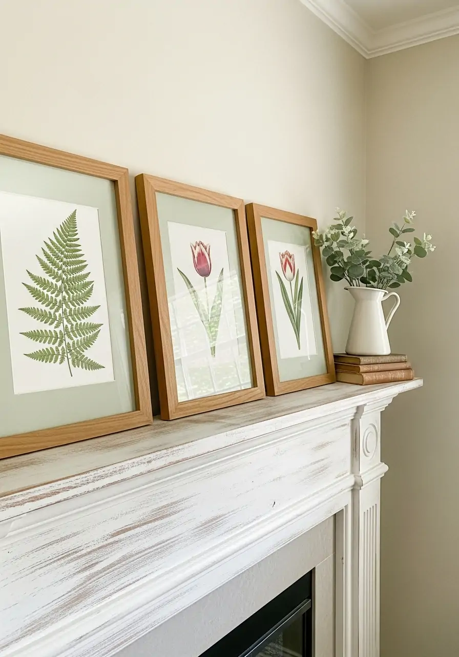 Framed Botanical Prints - spring mantel decorating ideas