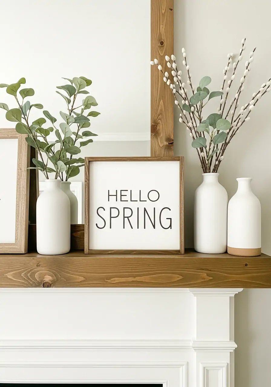Neutral Spring Sign - spring mantel decorating ideas