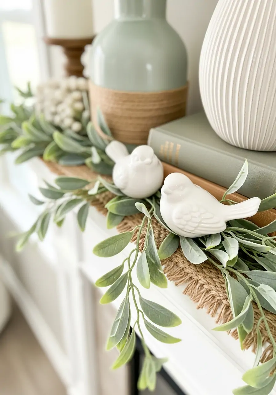 Small Bird Statues - spring mantel decorating ideas
