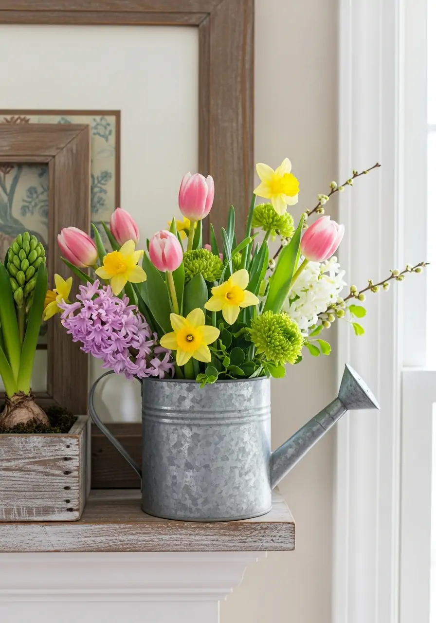 Tiny Watering Can - spring mantel decorating ideas