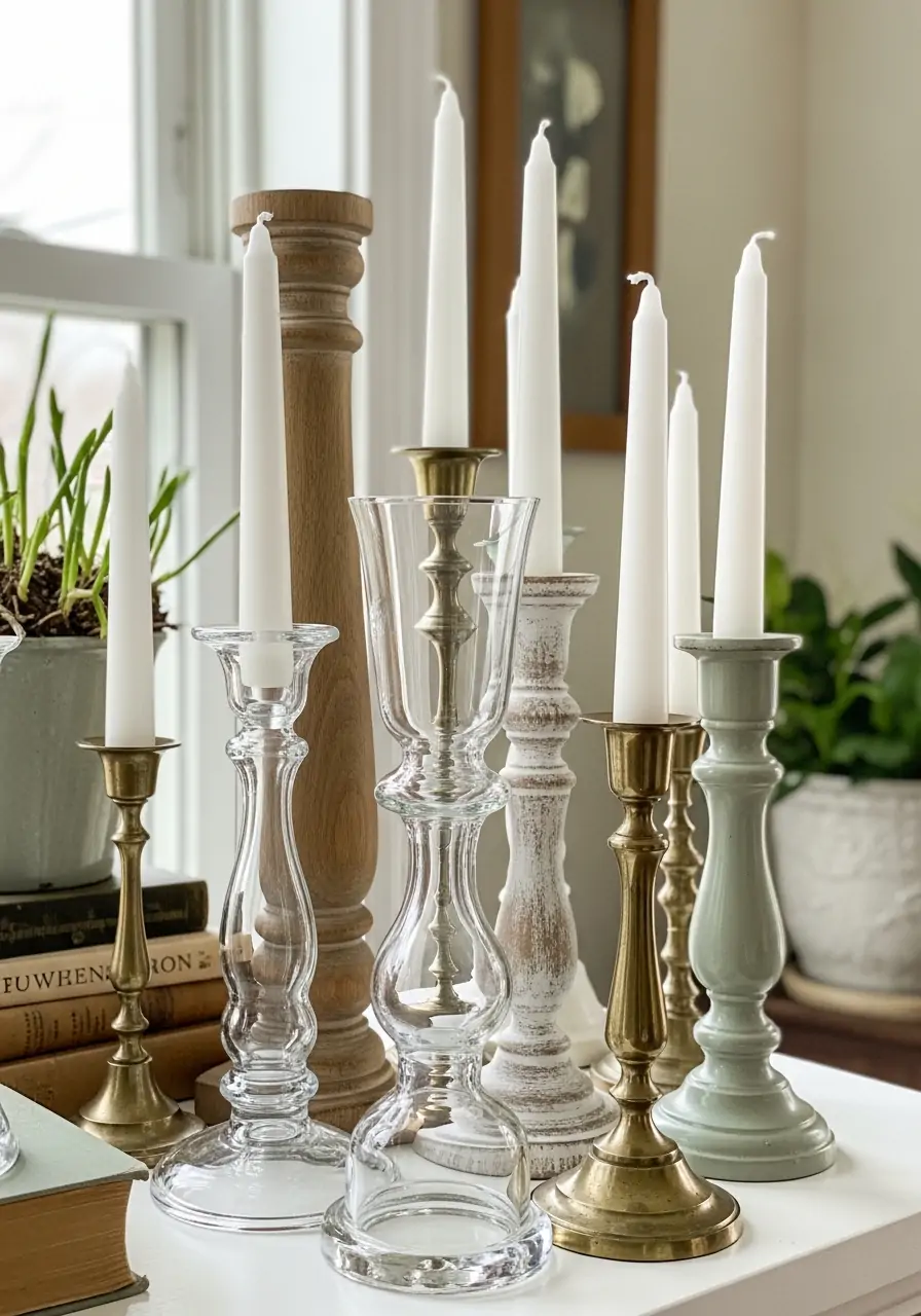 Mixed Height Candlesticks - spring mantel decorating ideas