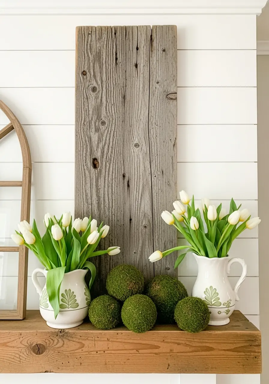 Wood Board Backdrop - spring mantel decorating ideas