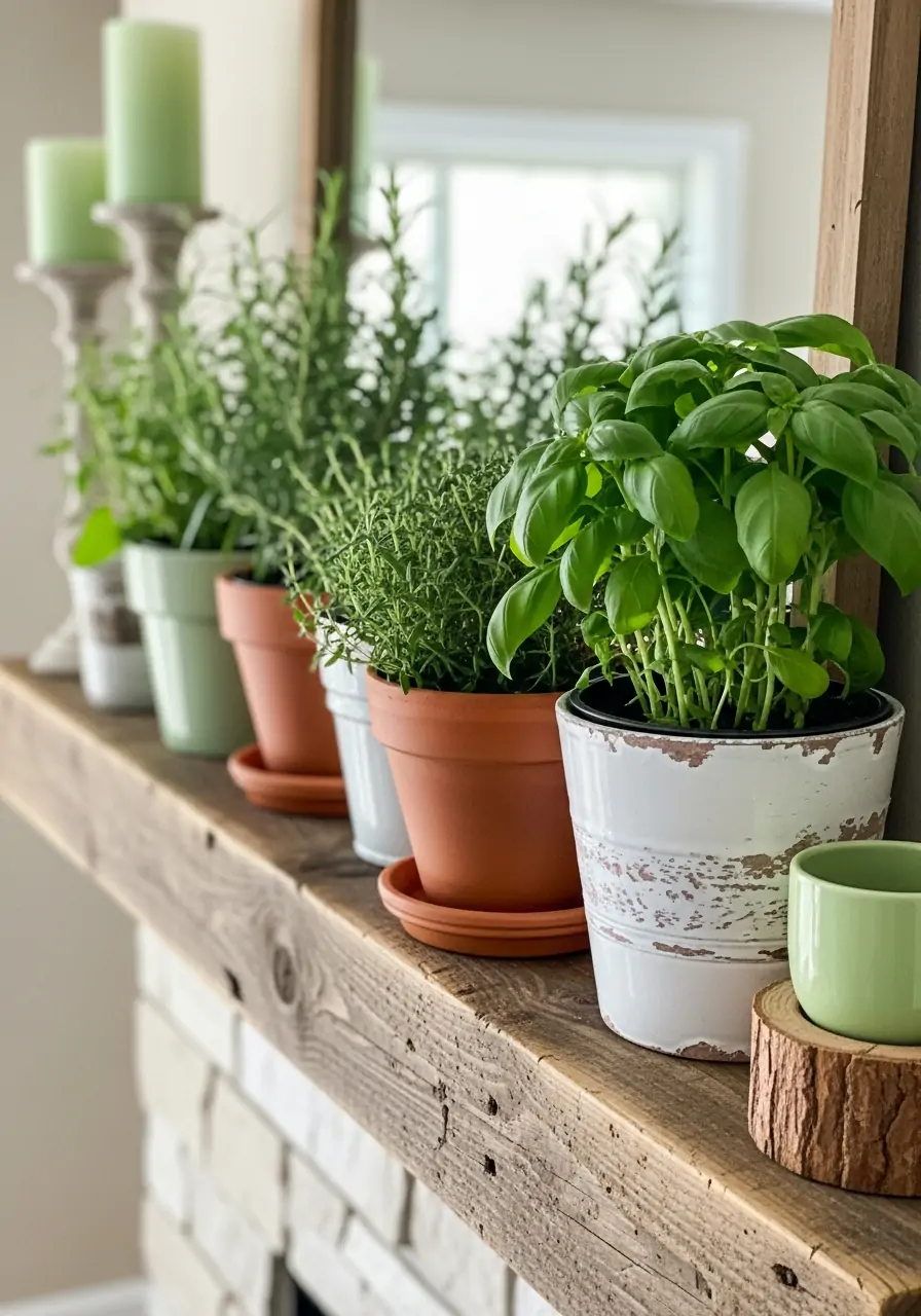 Kitchen Herb Pots - spring mantel decorating ideas