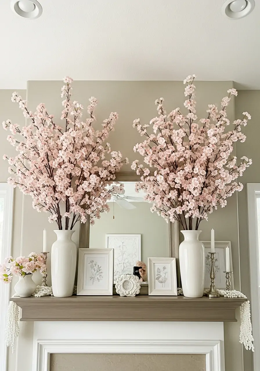 Tall Cherry Blossoms - spring mantel decorating ideas
