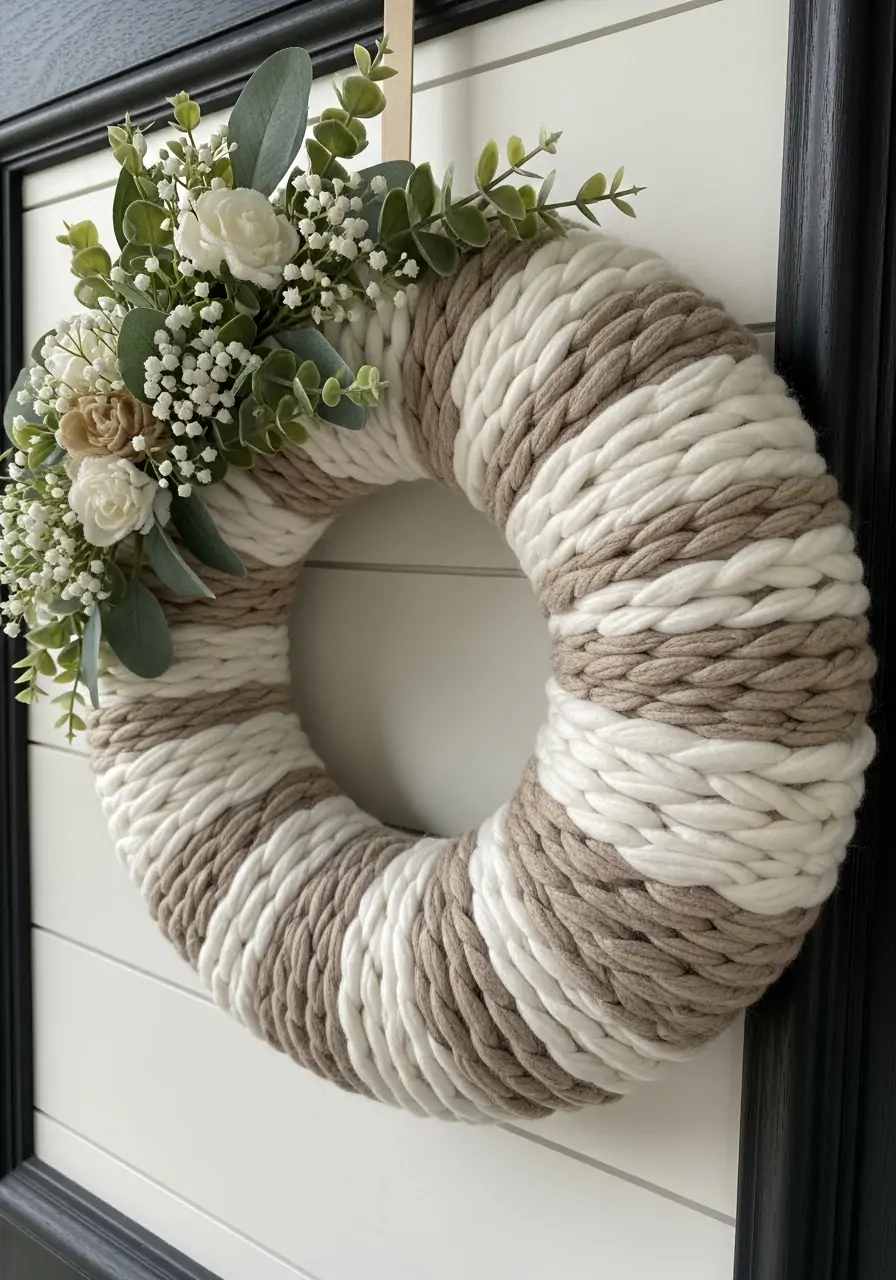 Cozy Yarn Wrapped Wreath - 50 Best Spring Wreath Ideas for Your Door