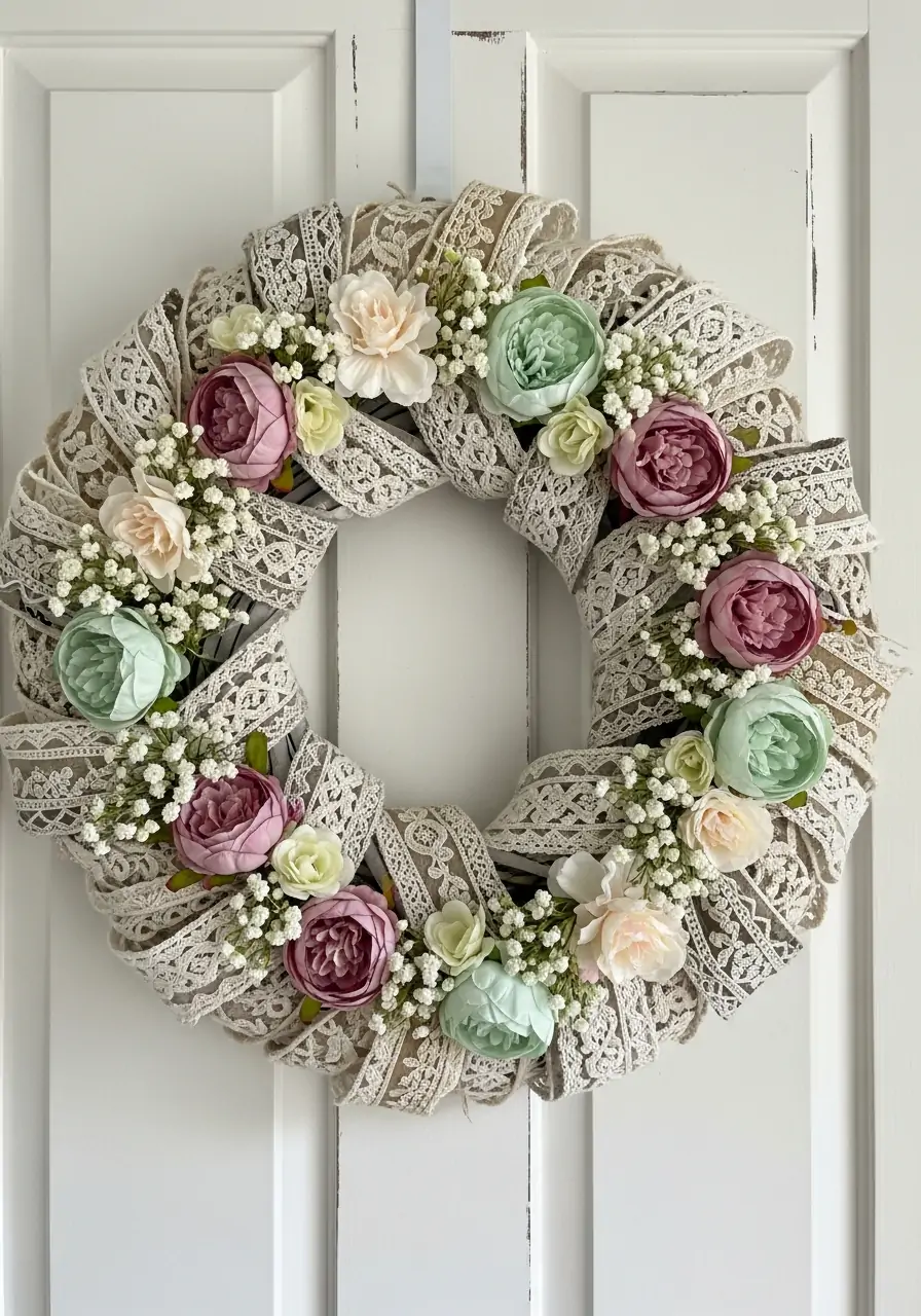 Lace and Pastel Flower Wreath - 50 Best Spring Wreath Ideas for Your Door