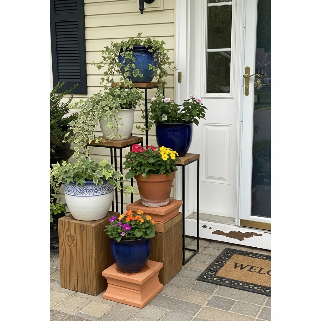Tiered Planter Display - 50 Front Yard Landscaping Ideas for a Beautiful, Budget-Friendly Home