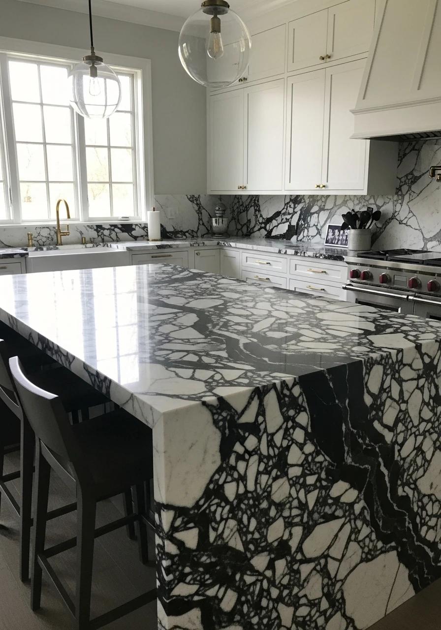 Dramatic Veined Marble Platform - 50 Kitchen Platform Ideas