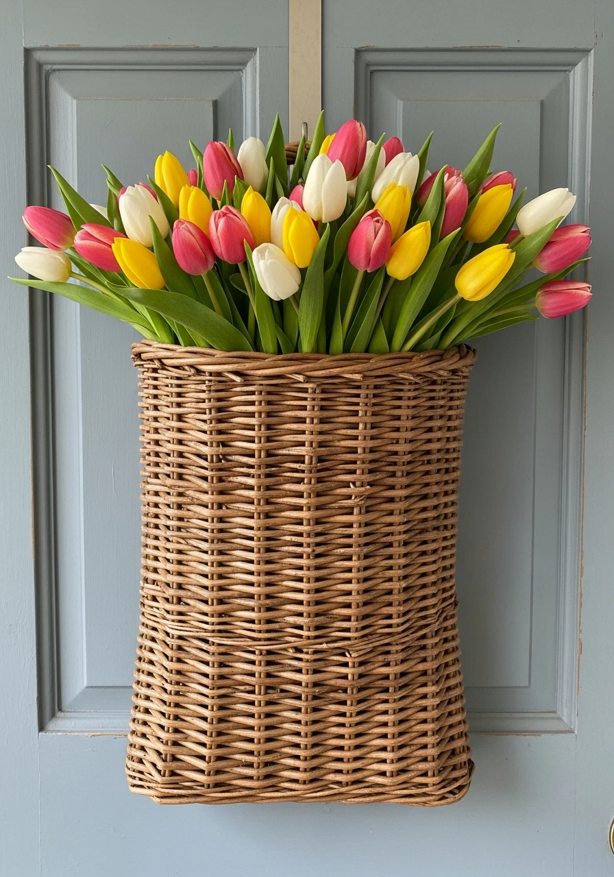 Tulip Basket Welcome - 50 Spring Door Hanger Ideas