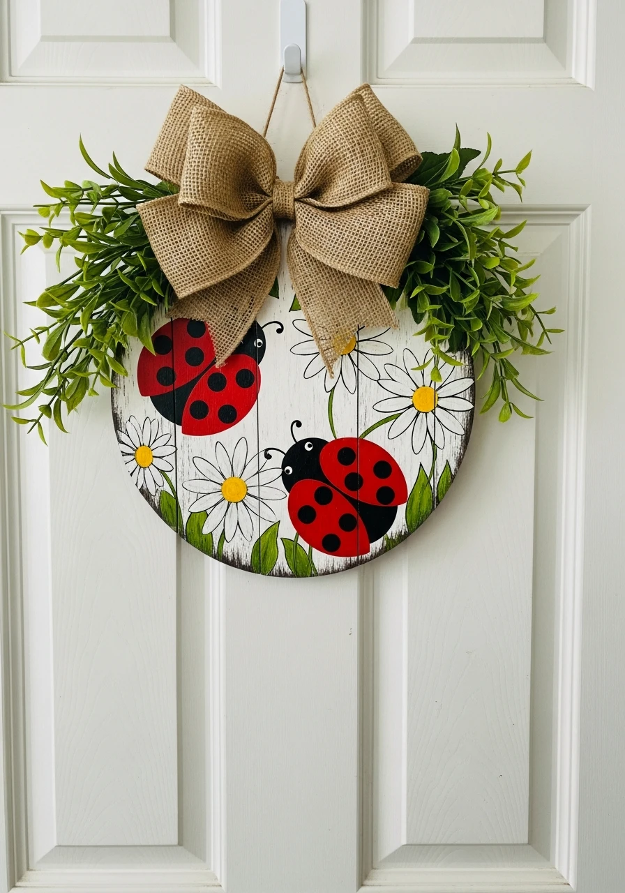 Ladybug and Daisy Sign - 50 Spring Door Hanger Ideas