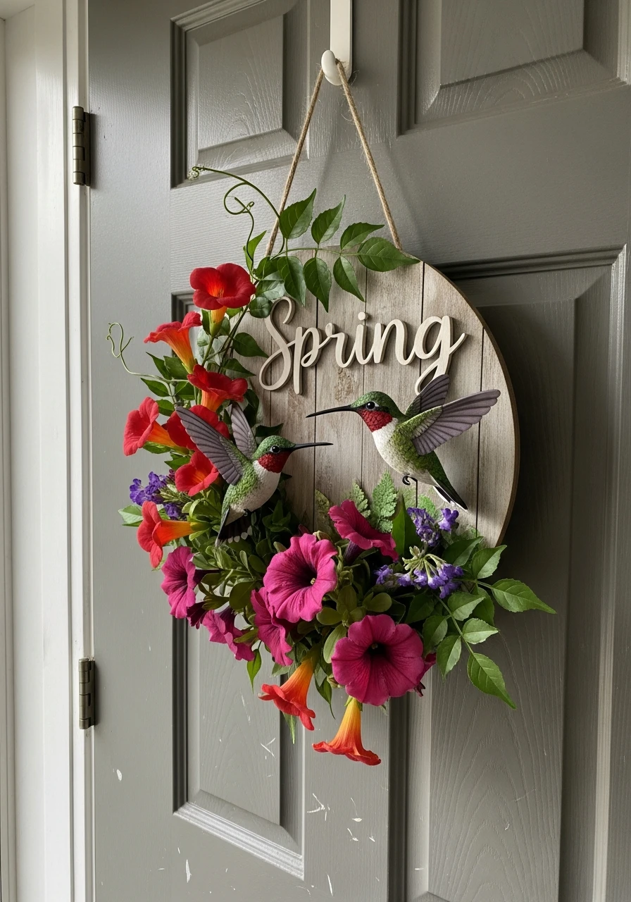 Hummingbird Floral Hanger - 50 Spring Door Hanger Ideas