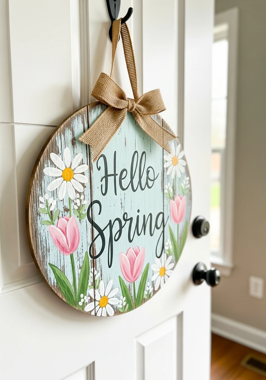 Hand Painted Wooden Board - 50 Spring Door Hanger Ideas