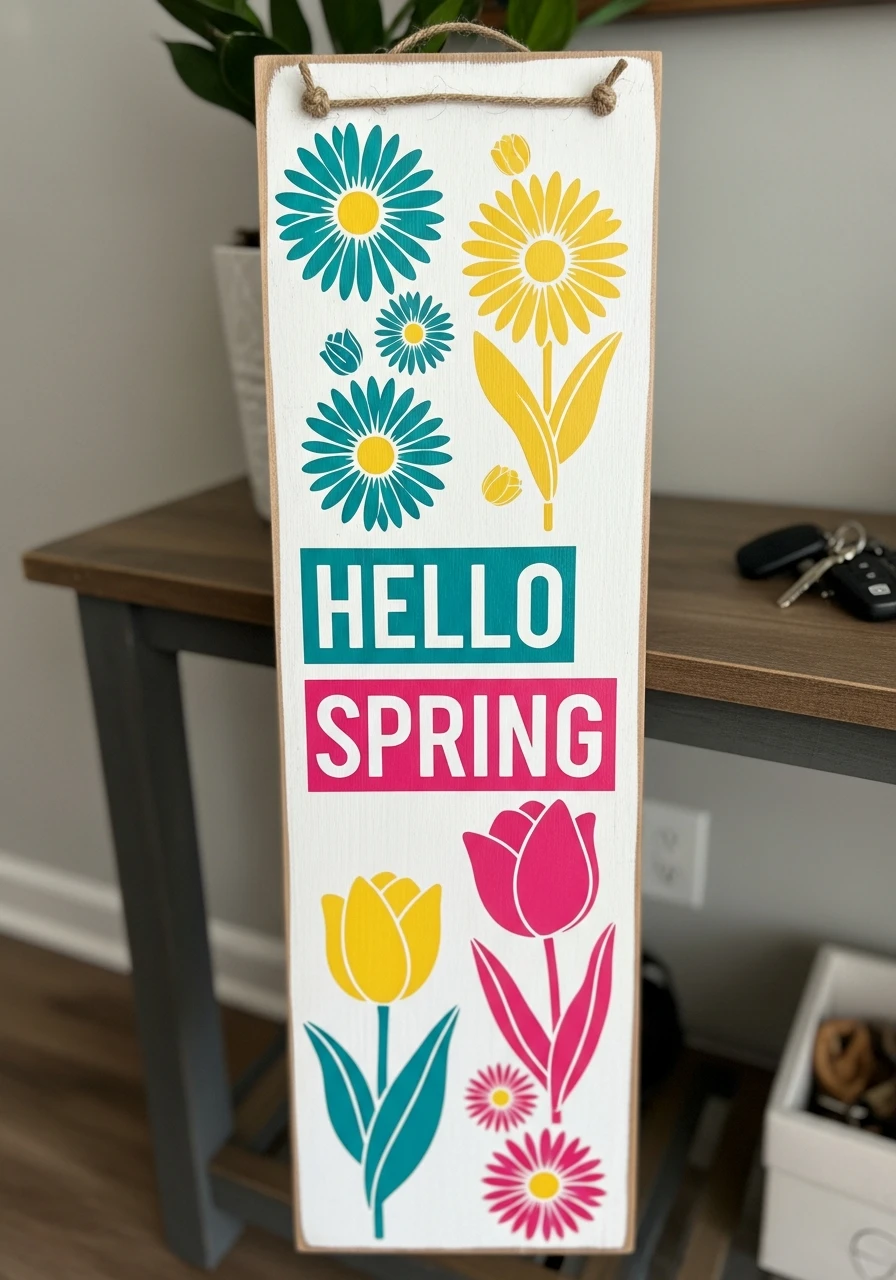 Stenciled Flower Spring Sign - 50 Spring Door Hanger Ideas