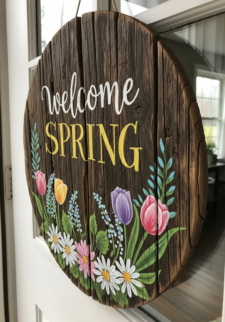 Reclaimed Wood Welcome Hanger - 50 Spring Door Hanger Ideas