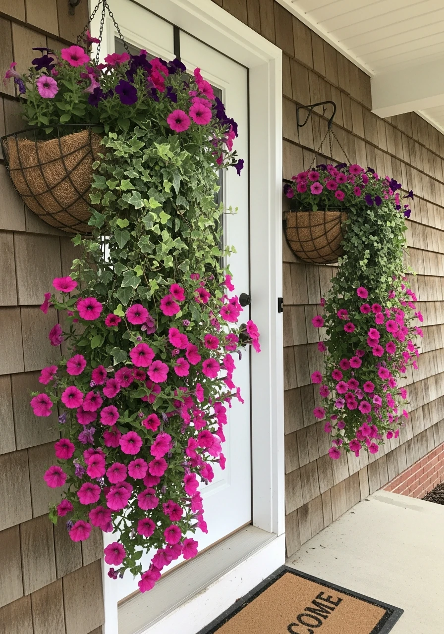 Cascading Hanging Baskets - 50 Spring Front Door Decor Ideas