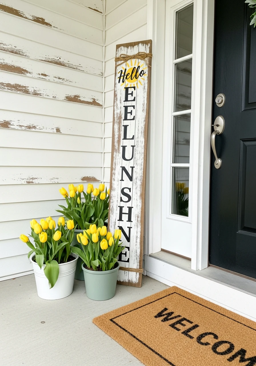 Leaning Welcome Sign - 50 Spring Front Door Decor Ideas