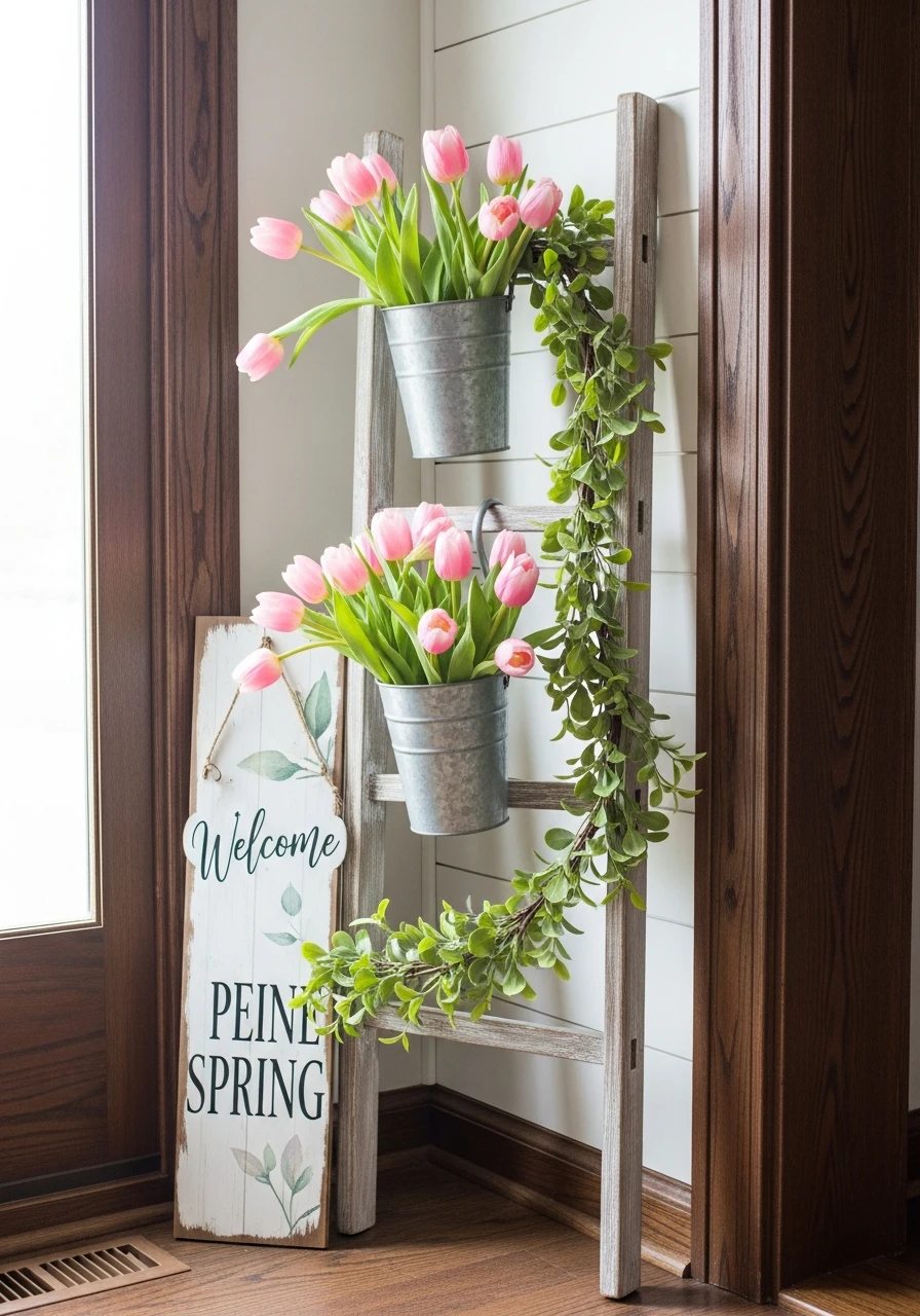 Rustic Ladder Display - 50 Spring Front Door Decor Ideas