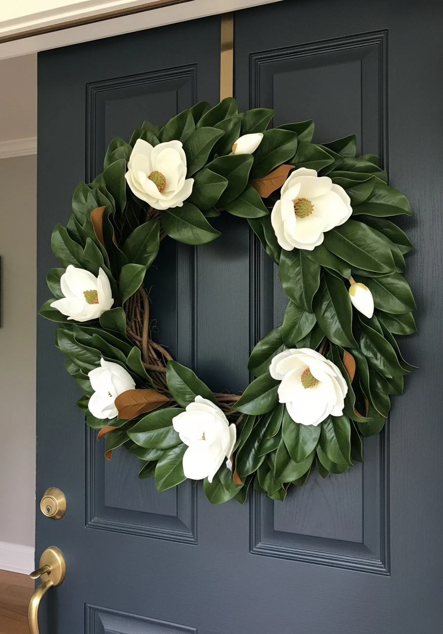 Elegant Magnolia Wreath - 50 Spring Front Door Decor Ideas