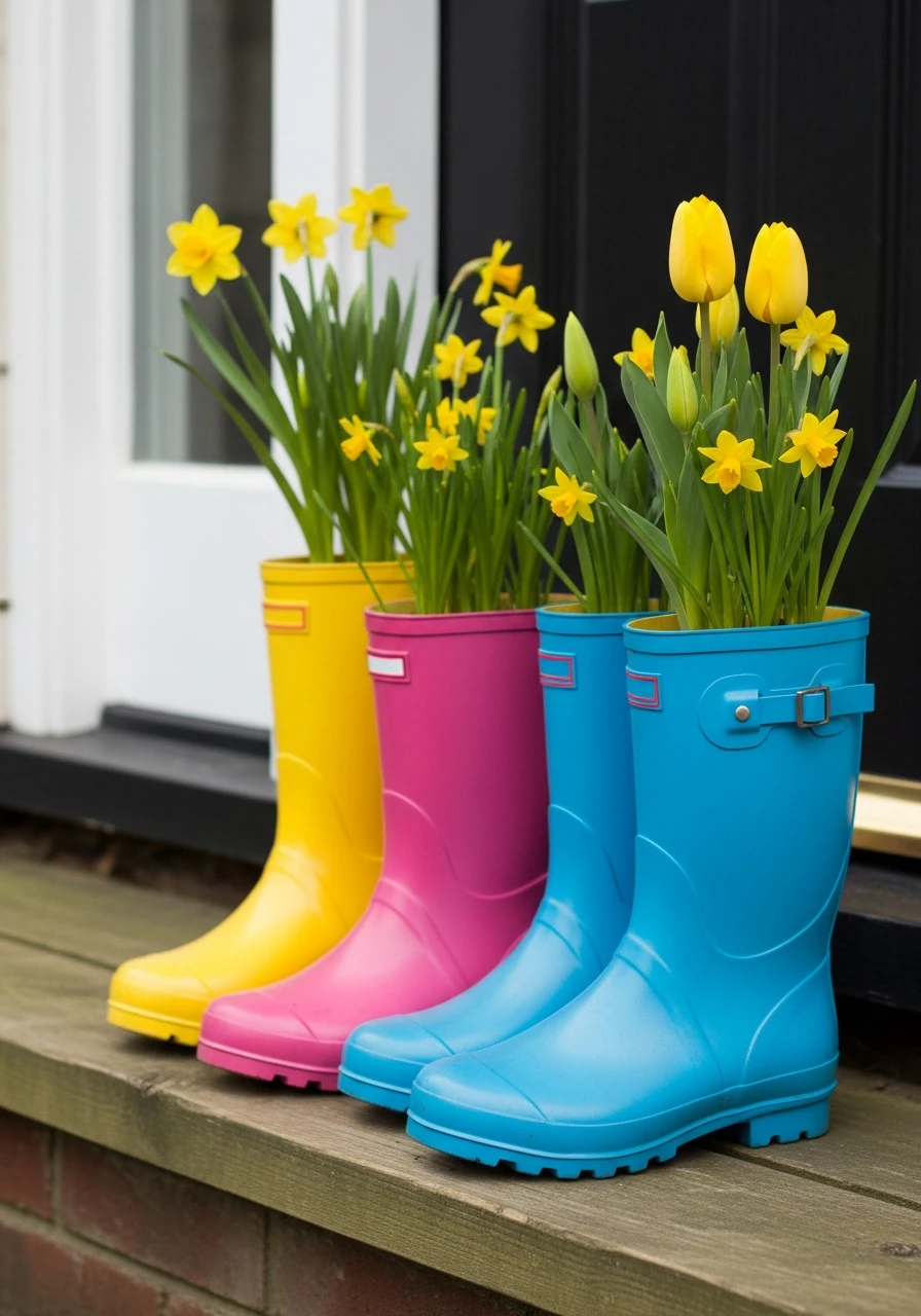 Rain Boot Planters - 50 Spring Front Door Decor Ideas