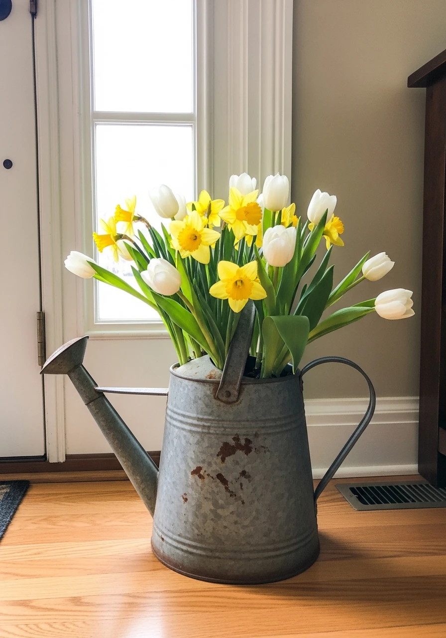 Watering Can Display - 50 Spring Front Door Decor Ideas