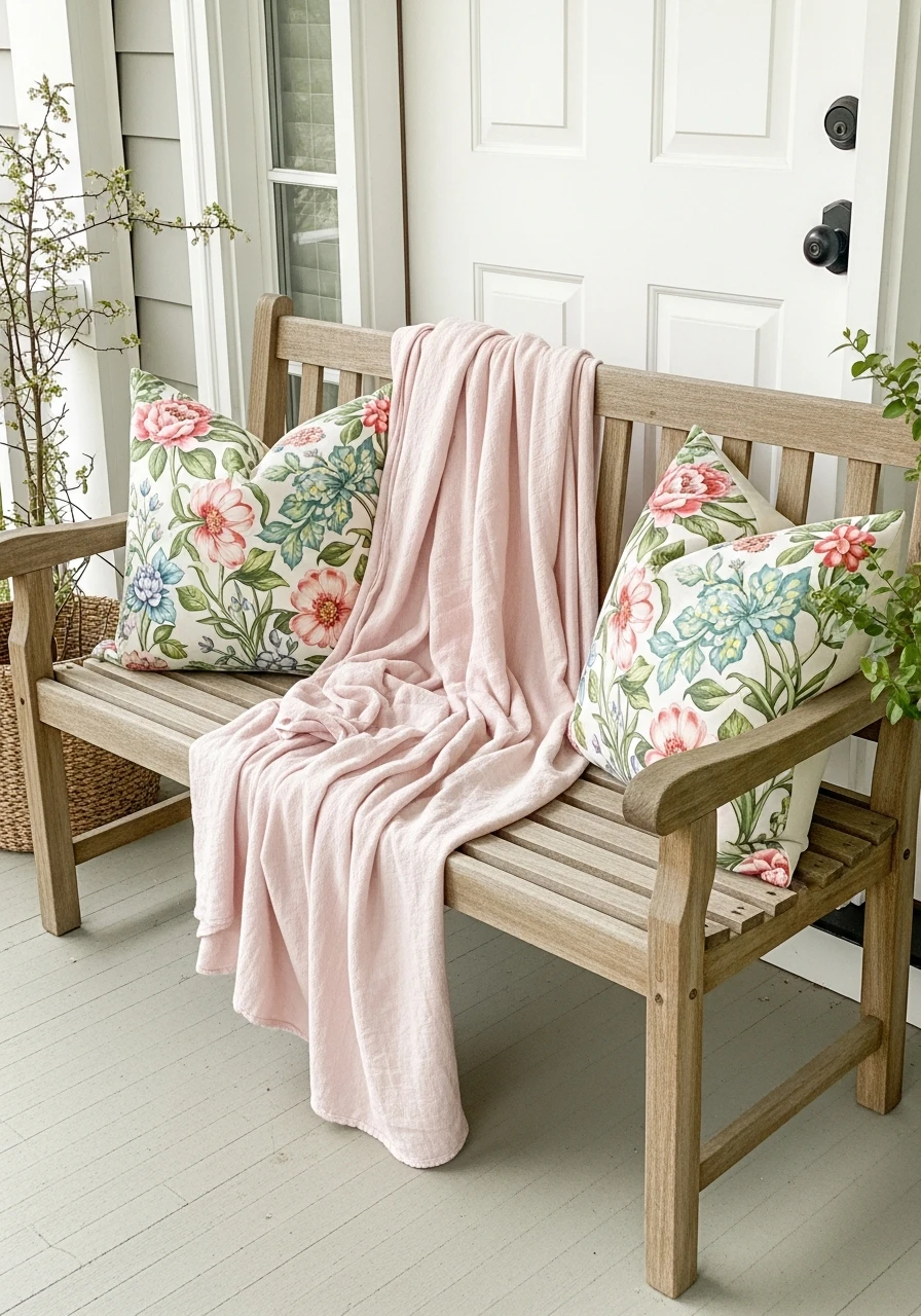 Styled Porch Bench - 50 Spring Front Door Decor Ideas